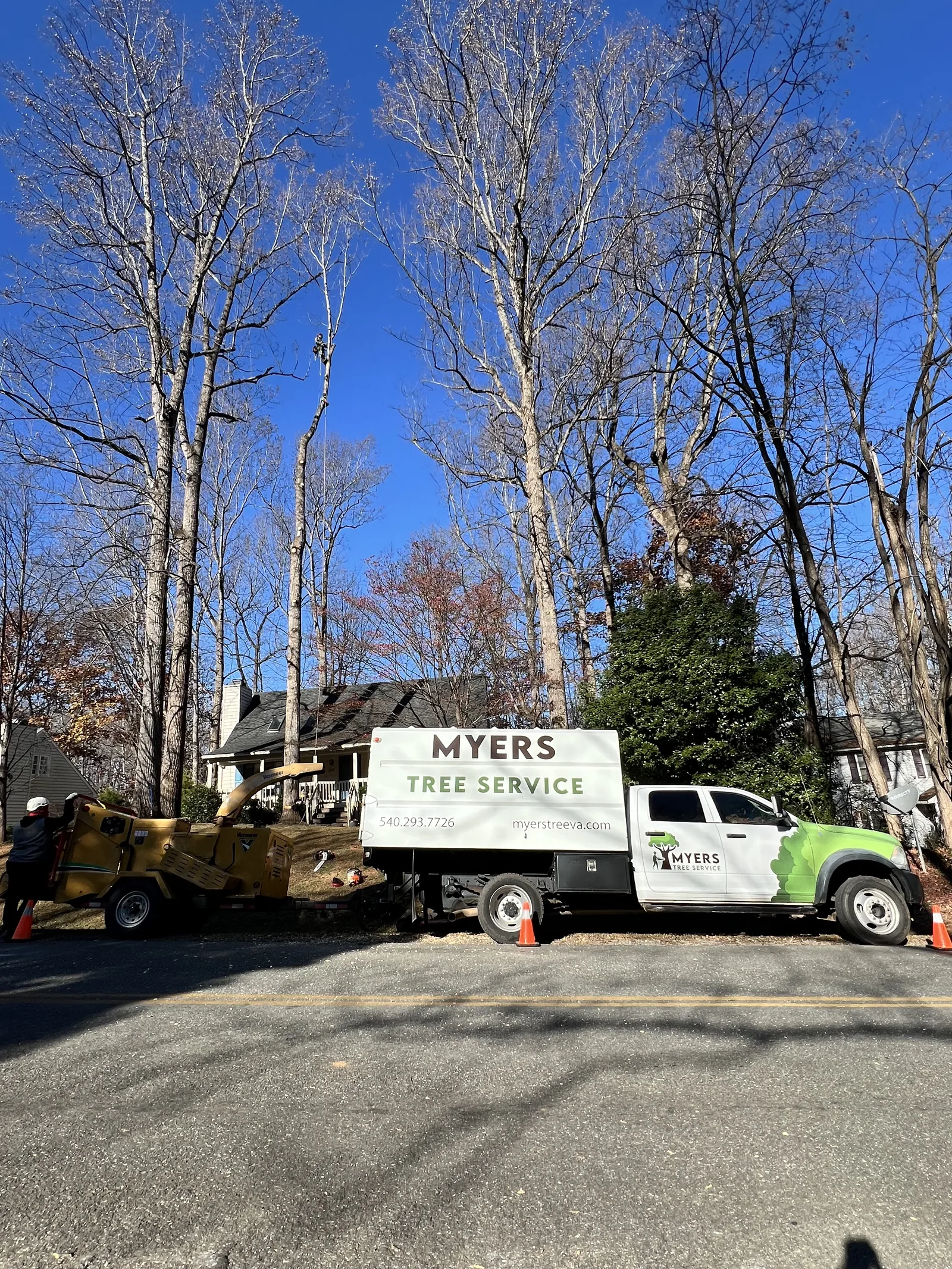Myers Tree Service branded truck on the road in Bedford, Virginia